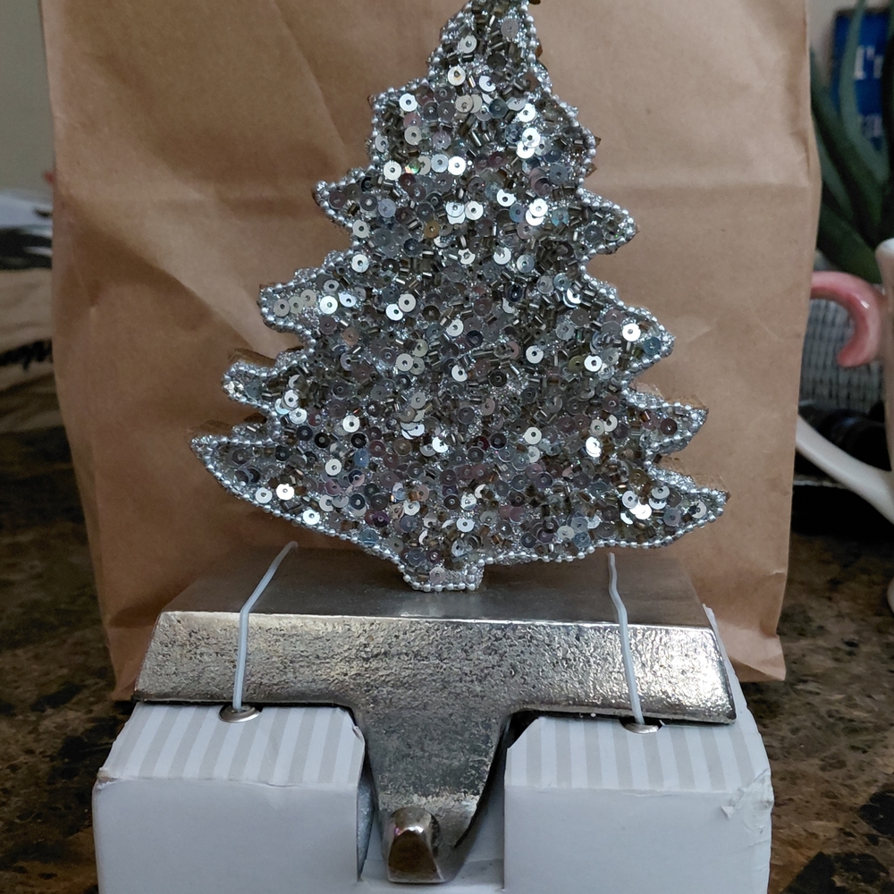 Glittering Silver Christmas Tree Stocking Holder